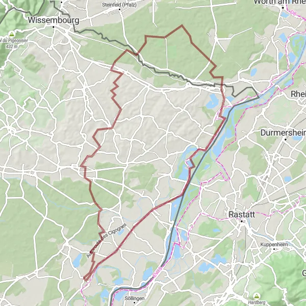 Map miniature of "Crossing Borders" cycling inspiration in Alsace, France. Generated by Tarmacs.app cycling route planner