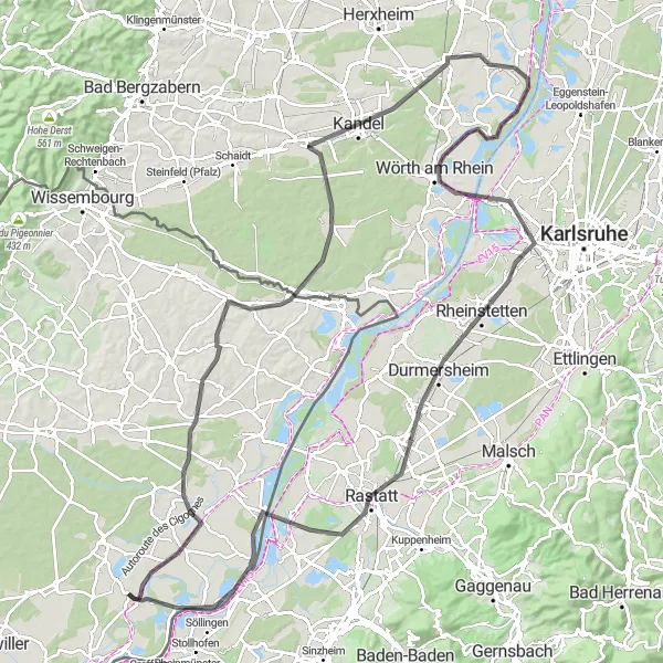 Miniature de la carte de l'inspiration cycliste "Tour de la Plaine du Rhin" dans la Alsace, France. Générée par le planificateur d'itinéraire cycliste Tarmacs.app