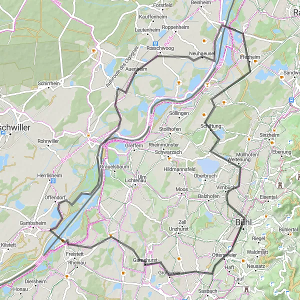 Map miniature of "The River Rhine Loop" cycling inspiration in Alsace, France. Generated by Tarmacs.app cycling route planner