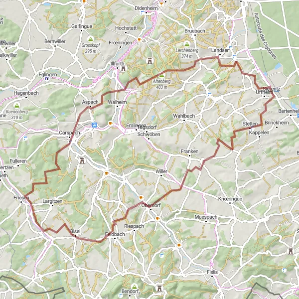 Miniature de la carte de l'inspiration cycliste "Les Collines du Sundgau" dans la Alsace, France. Générée par le planificateur d'itinéraire cycliste Tarmacs.app