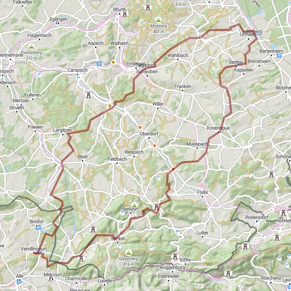 Map miniature of "Helfrantzkirch and Ferrette Gravel Loop" cycling inspiration in Alsace, France. Generated by Tarmacs.app cycling route planner