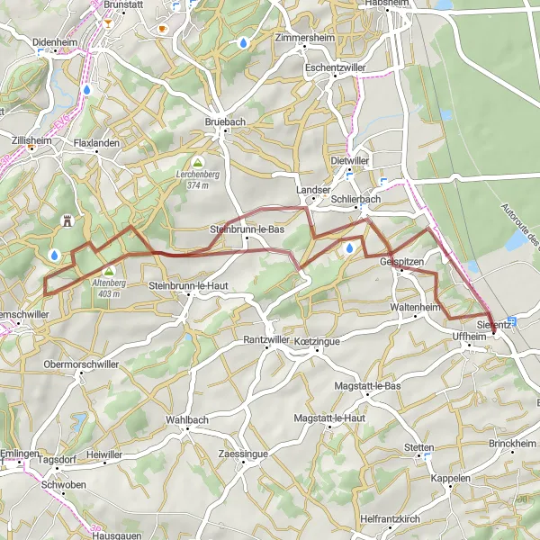 Miniature de la carte de l'inspiration cycliste "Tour des Vignobles" dans la Alsace, France. Générée par le planificateur d'itinéraire cycliste Tarmacs.app