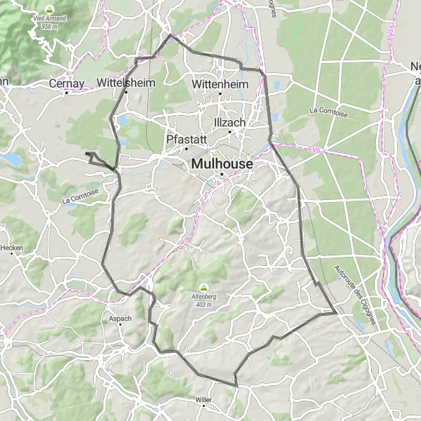 Map miniature of "The Sundgau Loop" cycling inspiration in Alsace, France. Generated by Tarmacs.app cycling route planner