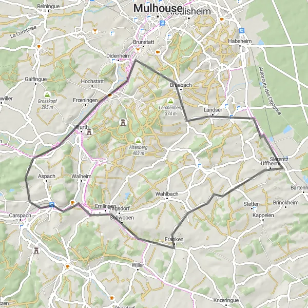 Miniature de la carte de l'inspiration cycliste "Boucle des Trois Villages" dans la Alsace, France. Générée par le planificateur d'itinéraire cycliste Tarmacs.app
