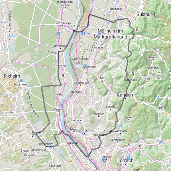 Map miniature of "Sierentz and Isteiner Schwellen Road Loop" cycling inspiration in Alsace, France. Generated by Tarmacs.app cycling route planner