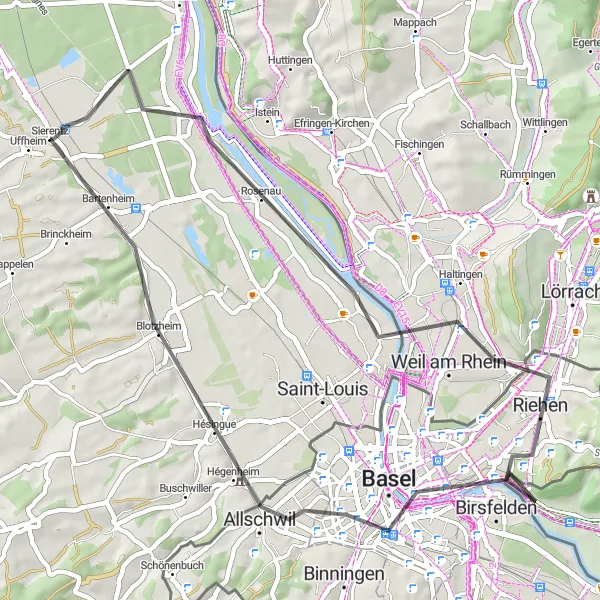 Miniature de la carte de l'inspiration cycliste "Boucle à vélo autour de Sierentz" dans la Alsace, France. Générée par le planificateur d'itinéraire cycliste Tarmacs.app