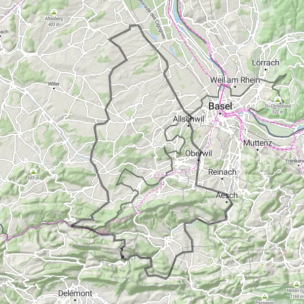 Map miniature of "Blotzheim and Räschberg Road Loop" cycling inspiration in Alsace, France. Generated by Tarmacs.app cycling route planner