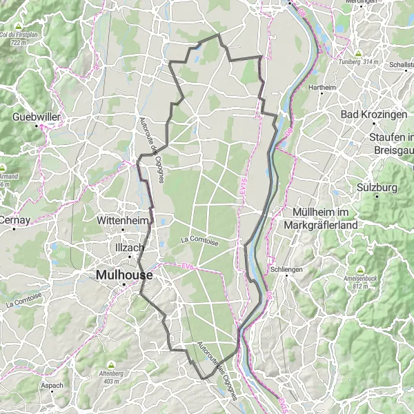 Map miniature of "Dietwiller and Dessenheim Road Loop" cycling inspiration in Alsace, France. Generated by Tarmacs.app cycling route planner
