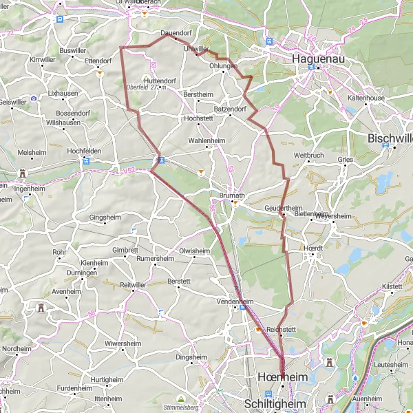 Map miniature of "The Vendenheim Gravel Trail" cycling inspiration in Alsace, France. Generated by Tarmacs.app cycling route planner