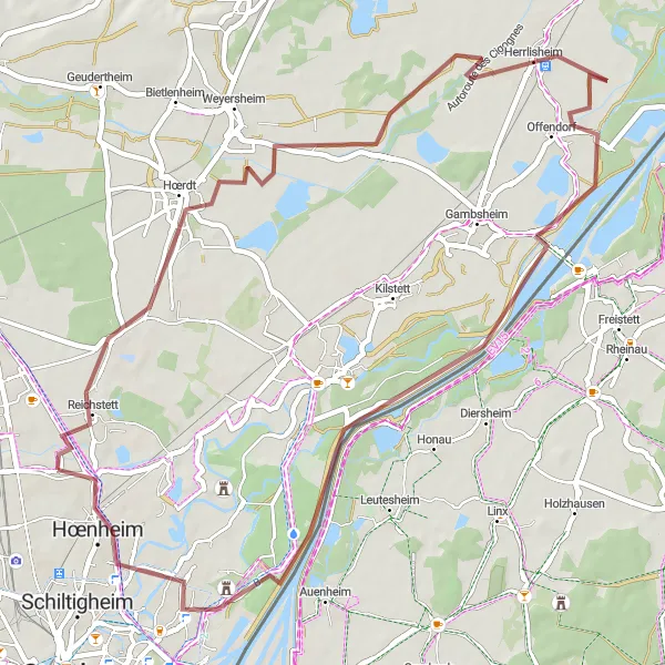 Map miniature of "Gravel Cycling Route: Souffelweyersheim to Hœnheim" cycling inspiration in Alsace, France. Generated by Tarmacs.app cycling route planner