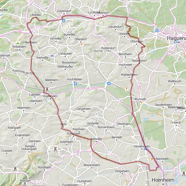 Miniature de la carte de l'inspiration cycliste "Aventure gravel entre Souffelweyersheim et Uttwiller" dans la Alsace, France. Générée par le planificateur d'itinéraire cycliste Tarmacs.app