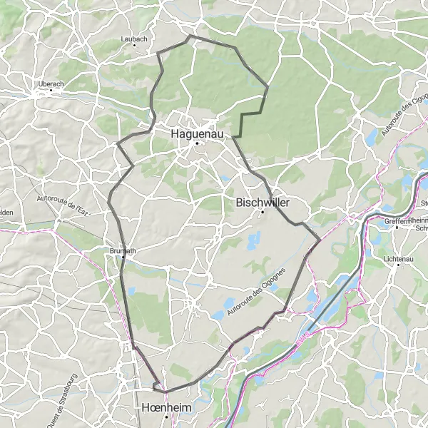 Miniature de la carte de l'inspiration cycliste "Circuit autour de Souffelweyersheim et La Wantzenau" dans la Alsace, France. Générée par le planificateur d'itinéraire cycliste Tarmacs.app