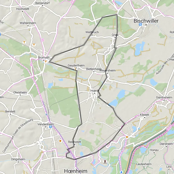 Map miniature of "Road Cycling Route: Souffelweyersheim to La Wantzenau" cycling inspiration in Alsace, France. Generated by Tarmacs.app cycling route planner