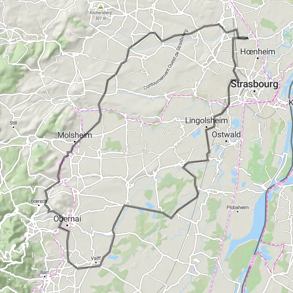 Map miniature of "The Amazing Molsheim Tour" cycling inspiration in Alsace, France. Generated by Tarmacs.app cycling route planner