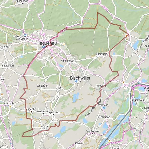 Map miniature of "Soufflenheim to Sécherie de pommes de pins sylvestres and back" cycling inspiration in Alsace, France. Generated by Tarmacs.app cycling route planner