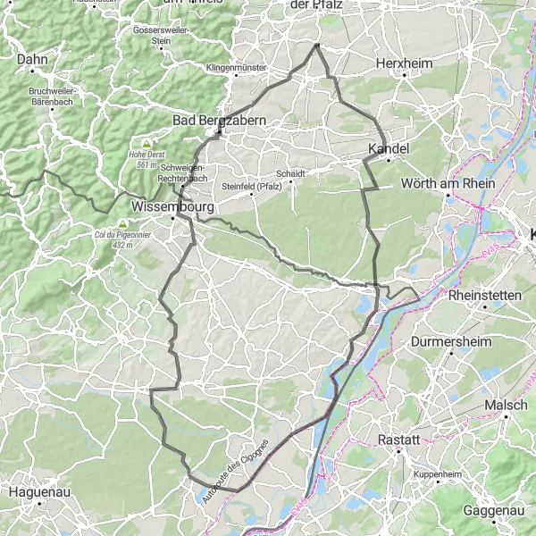 Map miniature of "Soufflenheim to Rittershoffen and back" cycling inspiration in Alsace, France. Generated by Tarmacs.app cycling route planner