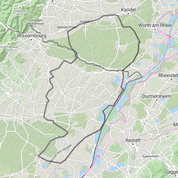 Miniature de la carte de l'inspiration cycliste "Parcours Bienwald et Bien Rhin" dans la Alsace, France. Générée par le planificateur d'itinéraire cycliste Tarmacs.app