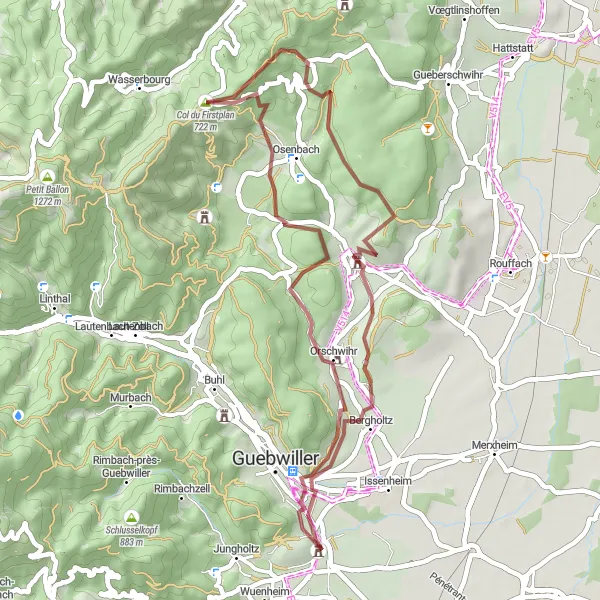 Map miniature of "The Countryside Charm: Osenbach Loop" cycling inspiration in Alsace, France. Generated by Tarmacs.app cycling route planner