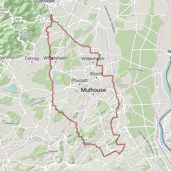 Miniature de la carte de l'inspiration cycliste "Parcours à Vélo Gravel - Les Collines d'Alsace" dans la Alsace, France. Générée par le planificateur d'itinéraire cycliste Tarmacs.app
