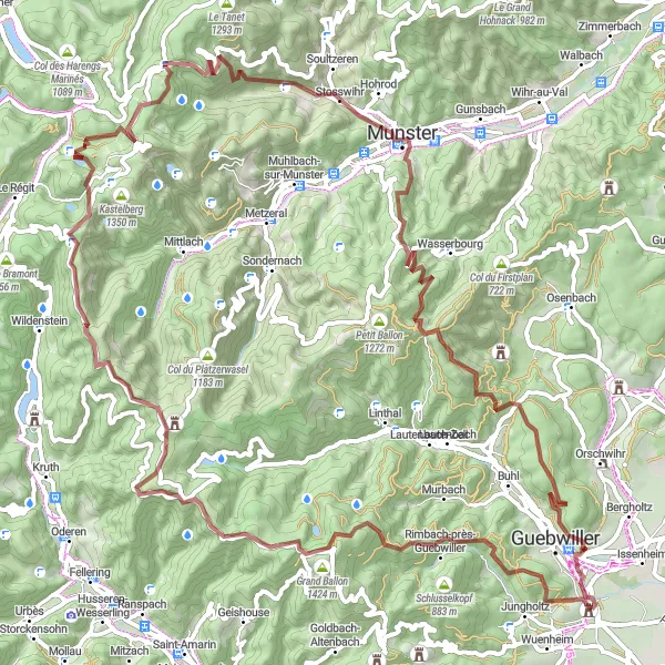 Miniature de la carte de l'inspiration cycliste "Défi Gravel - Les Sommets des Vosges" dans la Alsace, France. Générée par le planificateur d'itinéraire cycliste Tarmacs.app