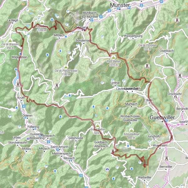 Miniature de la carte de l'inspiration cycliste "Les Montagnes Magiques" dans la Alsace, France. Générée par le planificateur d'itinéraire cycliste Tarmacs.app