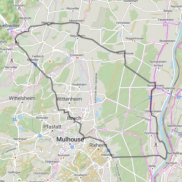 Map miniature of "The Riverside Ride: Issenheim to Soultz-Haut-Rhin" cycling inspiration in Alsace, France. Generated by Tarmacs.app cycling route planner