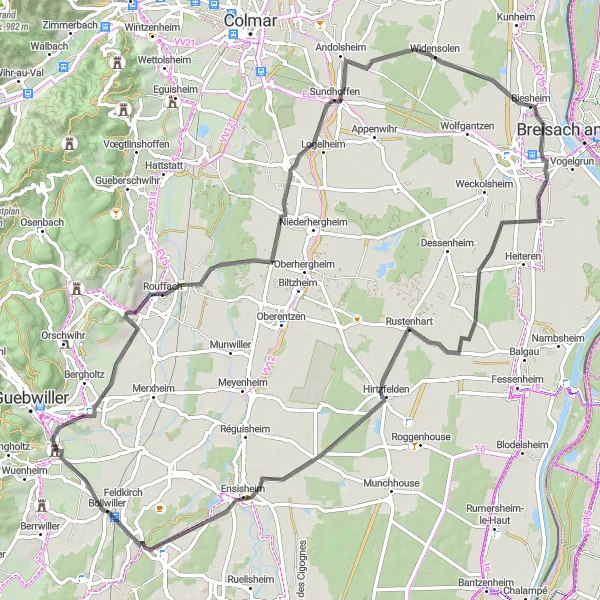 Miniature de la carte de l'inspiration cycliste "Itinéraire Route - Entre Vignes et Villages d'Alsace" dans la Alsace, France. Générée par le planificateur d'itinéraire cycliste Tarmacs.app