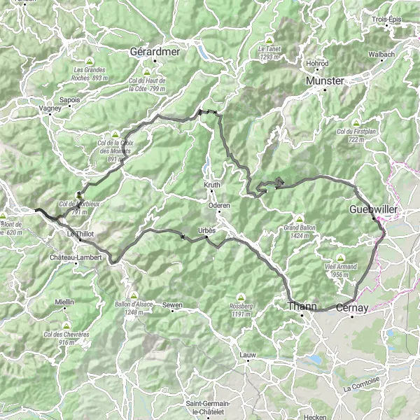Miniature de la carte de l'inspiration cycliste "Route Road Soultz-Haut-Rhin" dans la Alsace, France. Générée par le planificateur d'itinéraire cycliste Tarmacs.app