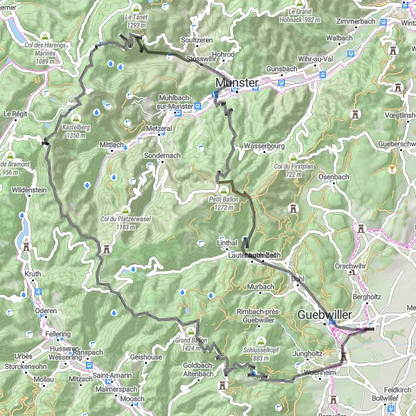 Map miniature of "Das Vosges Abenteuer" cycling inspiration in Alsace, France. Generated by Tarmacs.app cycling route planner