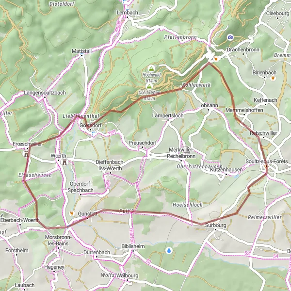 Map miniature of "Soultz-sous-Forêts Gravel Loop" cycling inspiration in Alsace, France. Generated by Tarmacs.app cycling route planner