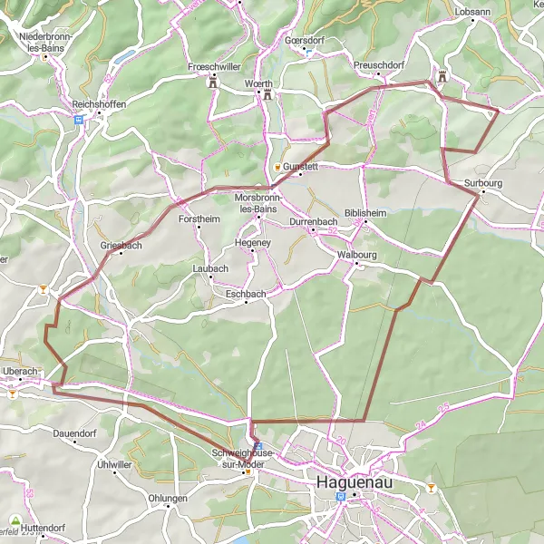 Map miniature of "Gravel Adventure in Alsatian Countryside" cycling inspiration in Alsace, France. Generated by Tarmacs.app cycling route planner