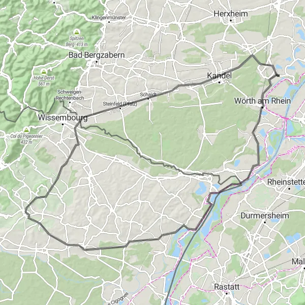 Map miniature of "The Soultz Loop" cycling inspiration in Alsace, France. Generated by Tarmacs.app cycling route planner