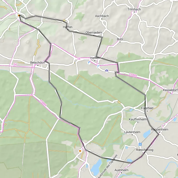 Map miniature of "Discover Betschdorf and Auenheim" cycling inspiration in Alsace, France. Generated by Tarmacs.app cycling route planner