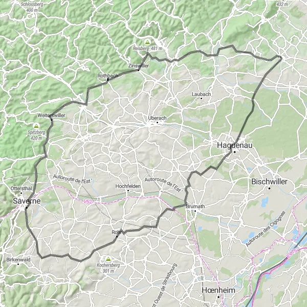 Miniature de la carte de l'inspiration cycliste "Aventure en terres alsaciennes" dans la Alsace, France. Générée par le planificateur d'itinéraire cycliste Tarmacs.app