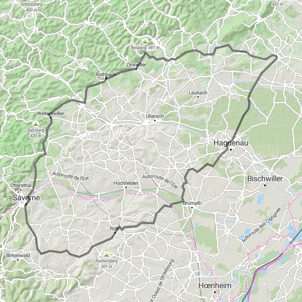 Map miniature of "Climb Legendary Bernolsheim" cycling inspiration in Alsace, France. Generated by Tarmacs.app cycling route planner