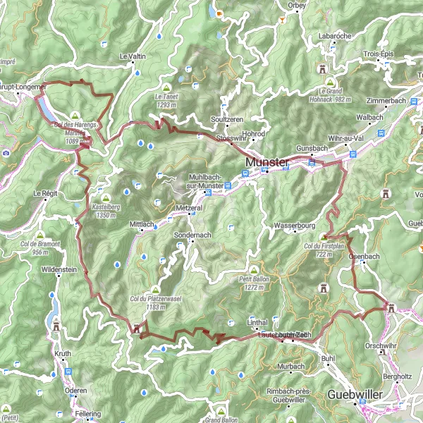 Miniature de la carte de l'inspiration cycliste "Aventures dans les Hautes Vosges" dans la Alsace, France. Générée par le planificateur d'itinéraire cycliste Tarmacs.app
