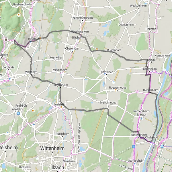 Map miniature of "Rouffach Loop" cycling inspiration in Alsace, France. Generated by Tarmacs.app cycling route planner