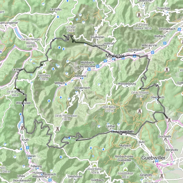 Map miniature of "The Mountaintop Challenge" cycling inspiration in Alsace, France. Generated by Tarmacs.app cycling route planner