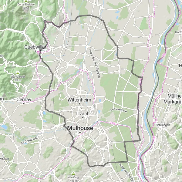 Miniature de la carte de l'inspiration cycliste "Les vignobles et villages d'Alsace" dans la Alsace, France. Générée par le planificateur d'itinéraire cycliste Tarmacs.app