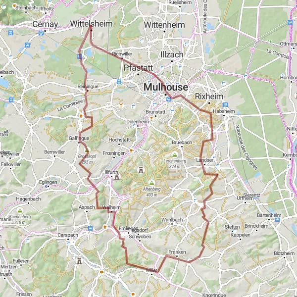 Miniature de la carte de l'inspiration cycliste "À la découverte des villages authentiques d'Alsace" dans la Alsace, France. Générée par le planificateur d'itinéraire cycliste Tarmacs.app