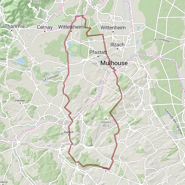 Miniature de la carte de l'inspiration cycliste "Aventure nature en Haute-Alsace" dans la Alsace, France. Générée par le planificateur d'itinéraire cycliste Tarmacs.app