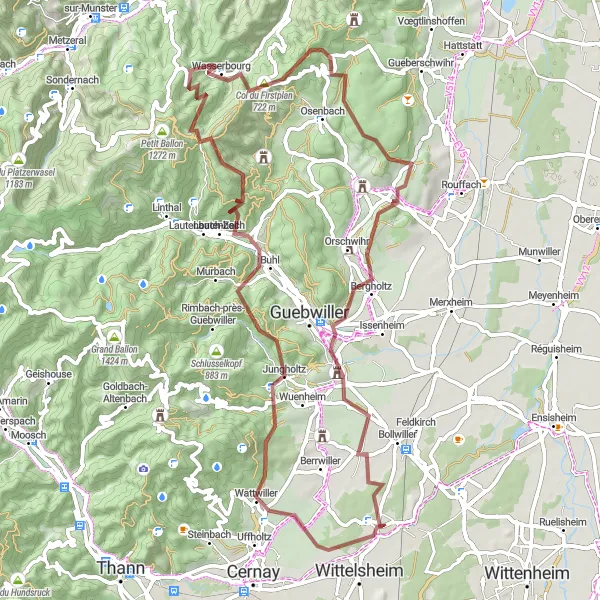 Miniature de la carte de l'inspiration cycliste "Les Montagnes Magiques de l'Alsace" dans la Alsace, France. Générée par le planificateur d'itinéraire cycliste Tarmacs.app