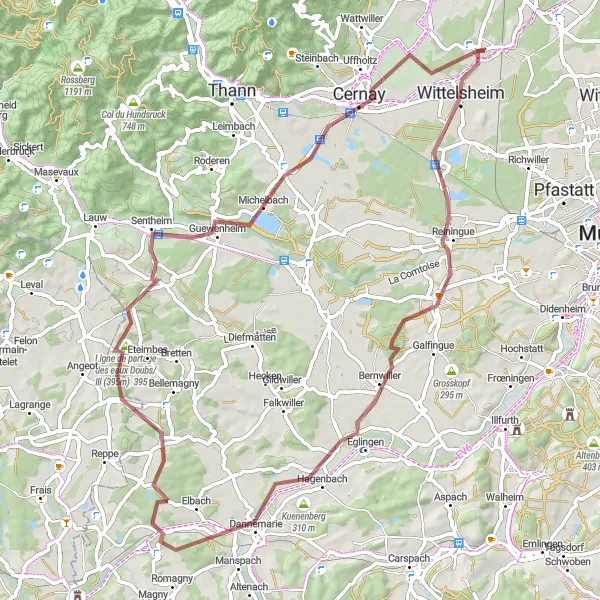 Miniature de la carte de l'inspiration cycliste "Les collines et les vallées du Sundgau" dans la Alsace, France. Générée par le planificateur d'itinéraire cycliste Tarmacs.app