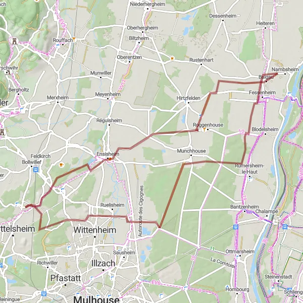 Map miniature of "Ensisheim to Cité Rossallmend via Balgau and Ruelisheim" cycling inspiration in Alsace, France. Generated by Tarmacs.app cycling route planner