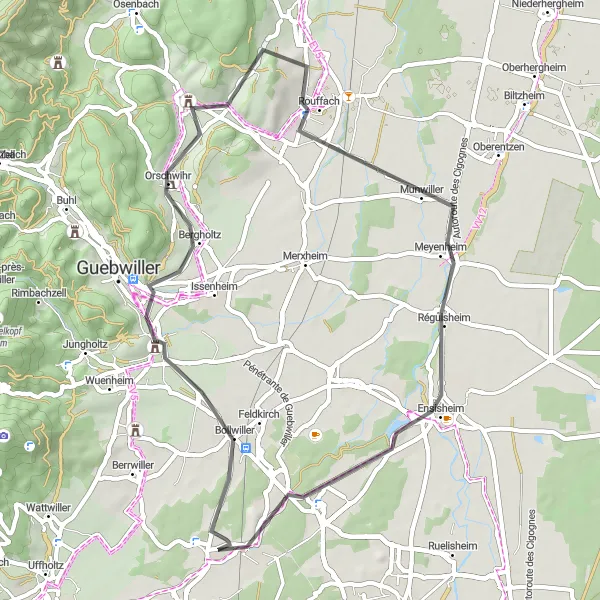 Miniature de la carte de l'inspiration cycliste "L'Alsace Secrète en Roue Libre" dans la Alsace, France. Générée par le planificateur d'itinéraire cycliste Tarmacs.app