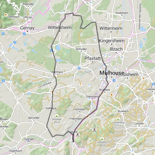 Map miniature of "Bourtzwiller Loop" cycling inspiration in Alsace, France. Generated by Tarmacs.app cycling route planner