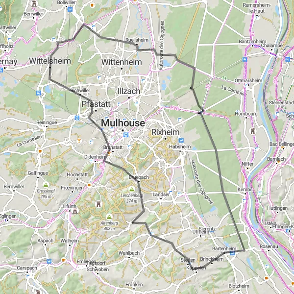 Map miniature of "Alsace Countryside Road Cycling" cycling inspiration in Alsace, France. Generated by Tarmacs.app cycling route planner