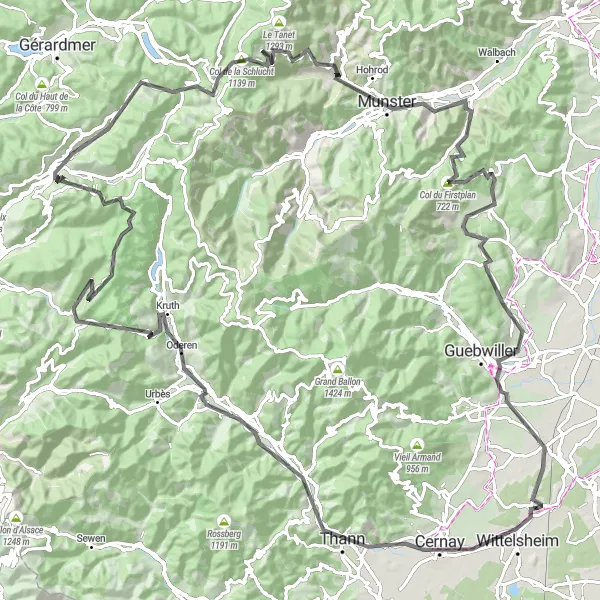 Map miniature of "Epic Cycling Adventure in the Vosges Mountains" cycling inspiration in Alsace, France. Generated by Tarmacs.app cycling route planner