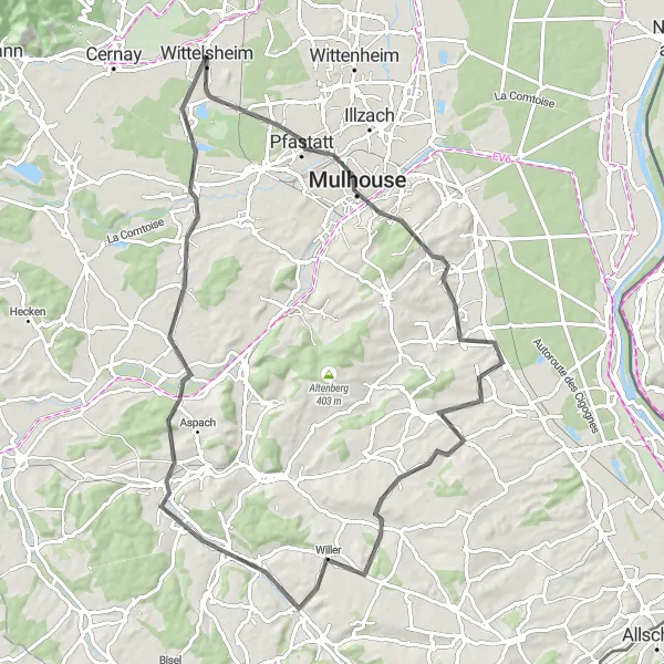 Map miniature of "Mulhouse to Galfingue via Kœtzingue and Hirsingue" cycling inspiration in Alsace, France. Generated by Tarmacs.app cycling route planner