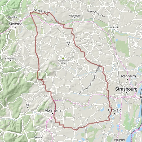 Miniature de la carte de l'inspiration cycliste "Parcours Gravel à travers les Villages d'Alsace" dans la Alsace, France. Générée par le planificateur d'itinéraire cycliste Tarmacs.app
